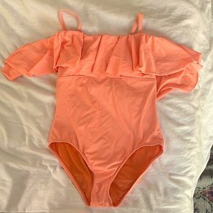 Athena coral off the shoulders ruffle one piece swim suite